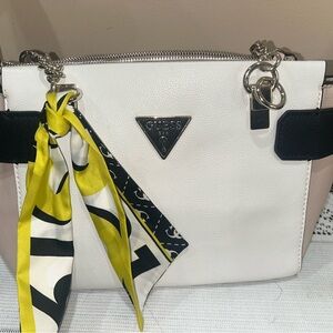 Guess White and Black Satchel with Yellow Accent